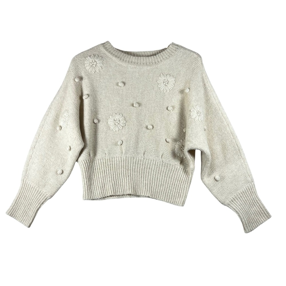 LUSH Cream Floral Embroidered Pom‎ Pom Knit Sweater Cropped Wool Blend Small